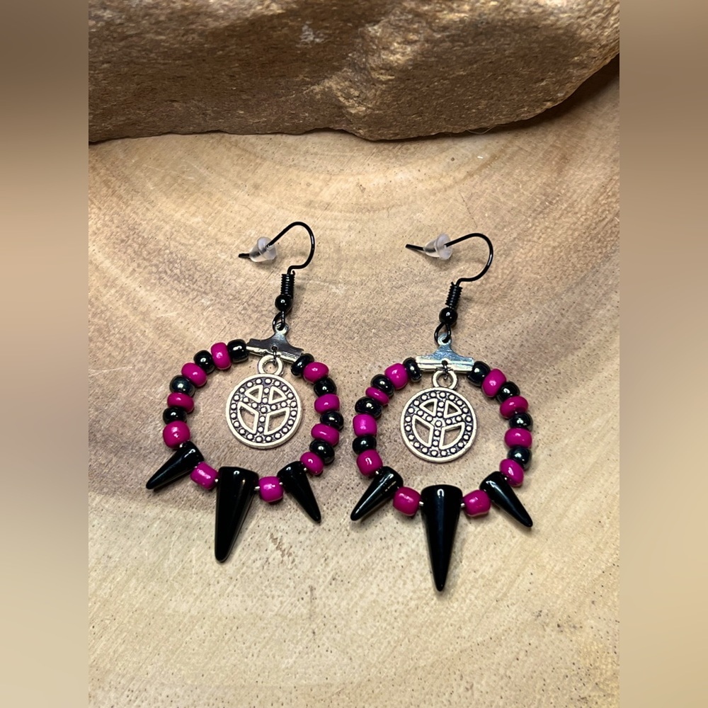 Drop hoop earrings/silver peace sign inside charm/hot pink/black/spike glass
